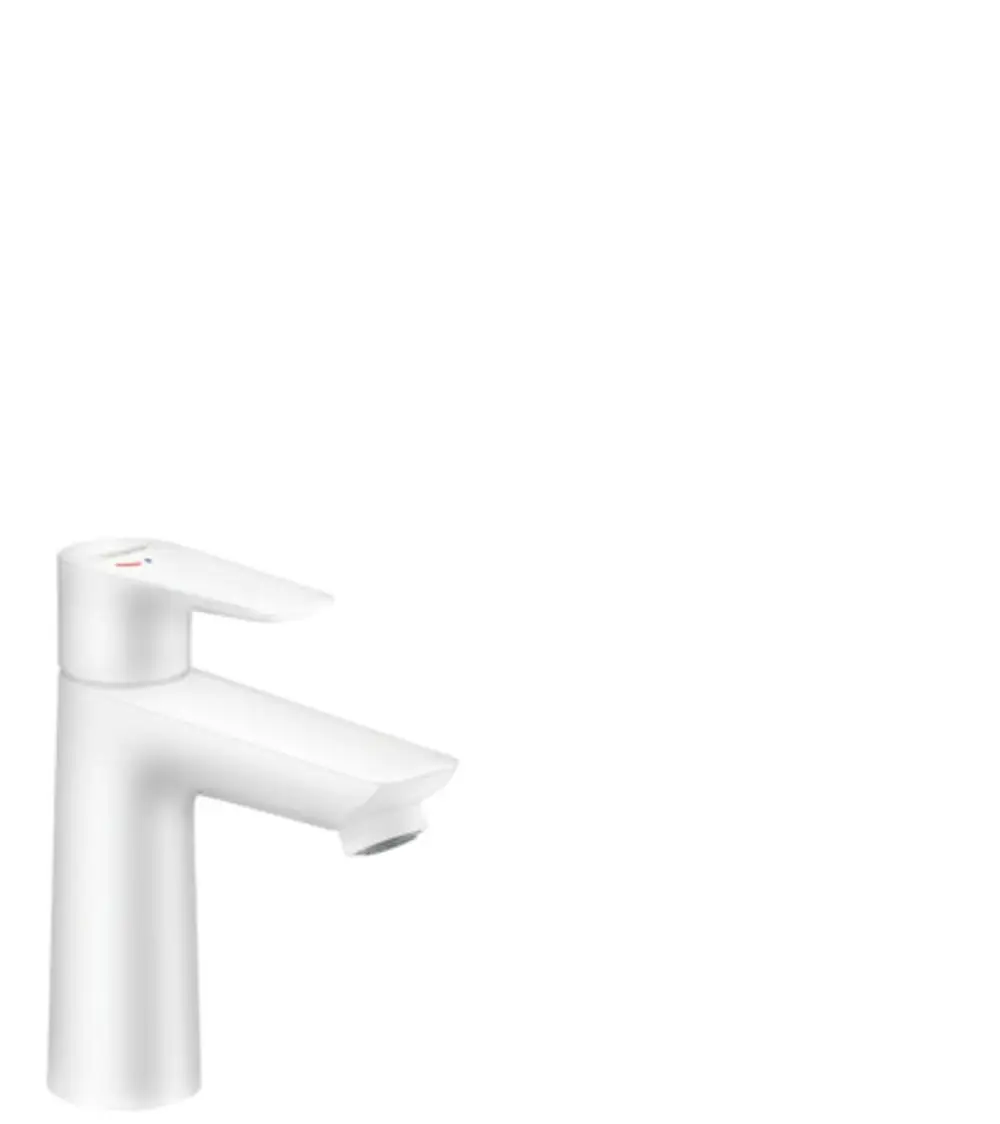 Einhebel-Waschtischmischer in Mattweiß von Hansgrohe mit flacher Auslaufform und Zugstangen-Ablaufgarnitur, auf einem hellen Hintergrund.